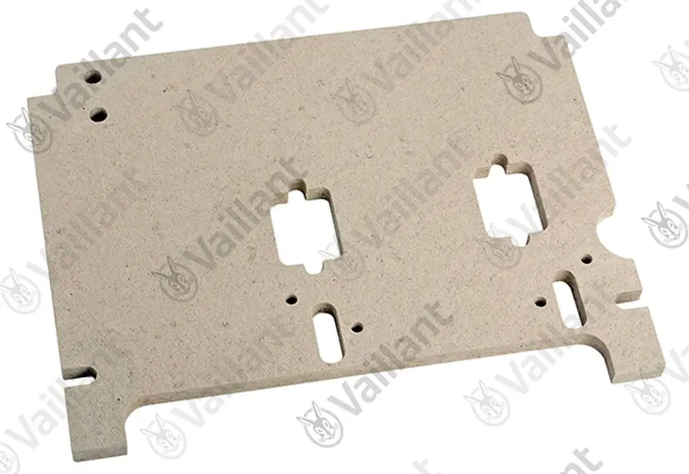 Isolierplatte von Vaillant in rechteckiger Form mit mehreren Ausschnitten und Montagebohrungen. Ideal für Heizungsinstallationen.